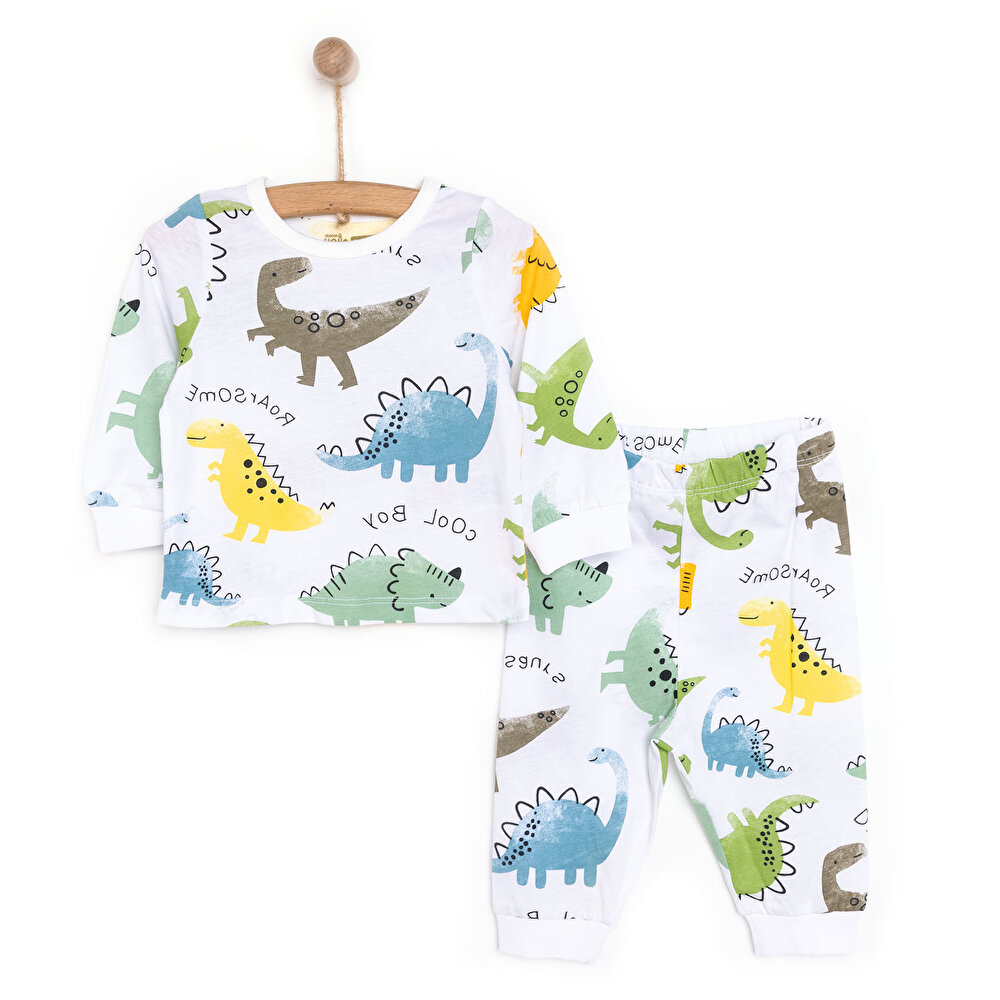 Uzun Kol Sevimli Dinazor Desenli Bisiklet Yaka Pijama Takımı