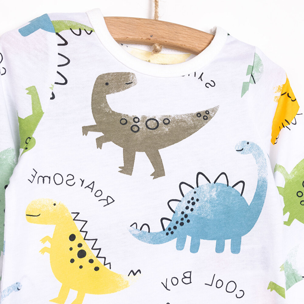Uzun Kol Sevimli Dinazor Desenli Bisiklet Yaka Pijama Takımı