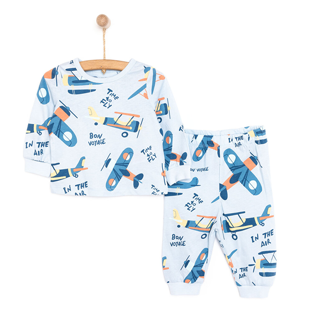 Uzun Kol Uçak Desenli Bisiklet Yaka Pijama Takımı