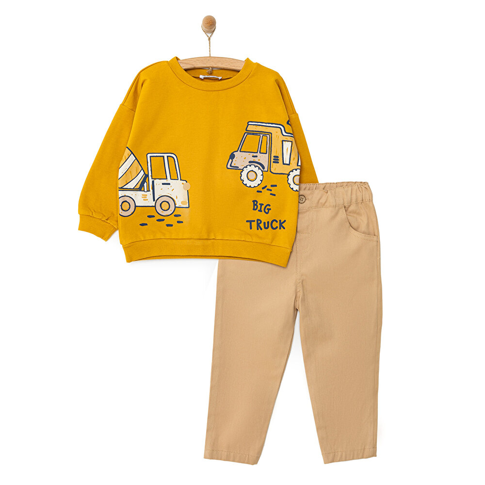 Erkek Bebek Sweatshirt Pantolon Şardonlu Vehicles Line Bisiklet Yaka Uzun Kol Hardal