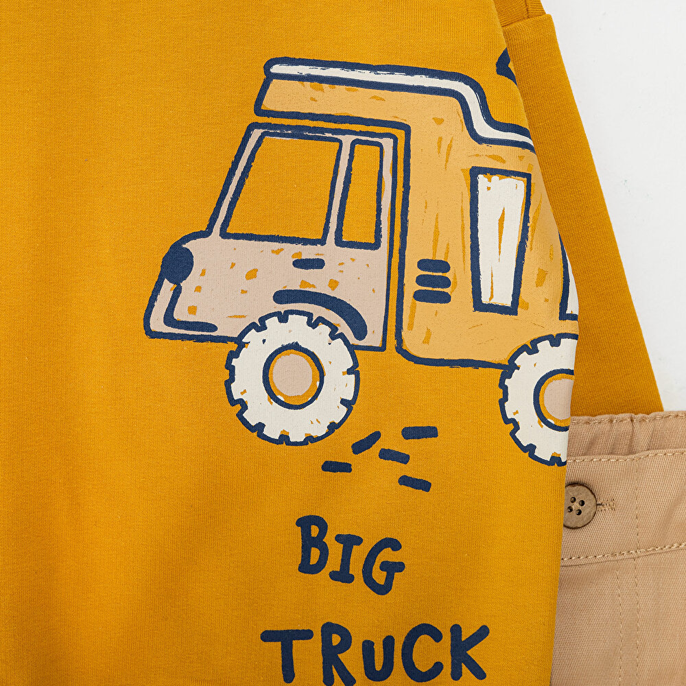 Erkek Bebek Sweatshirt Pantolon Şardonlu Vehicles Line Bisiklet Yaka Uzun Kol Hardal