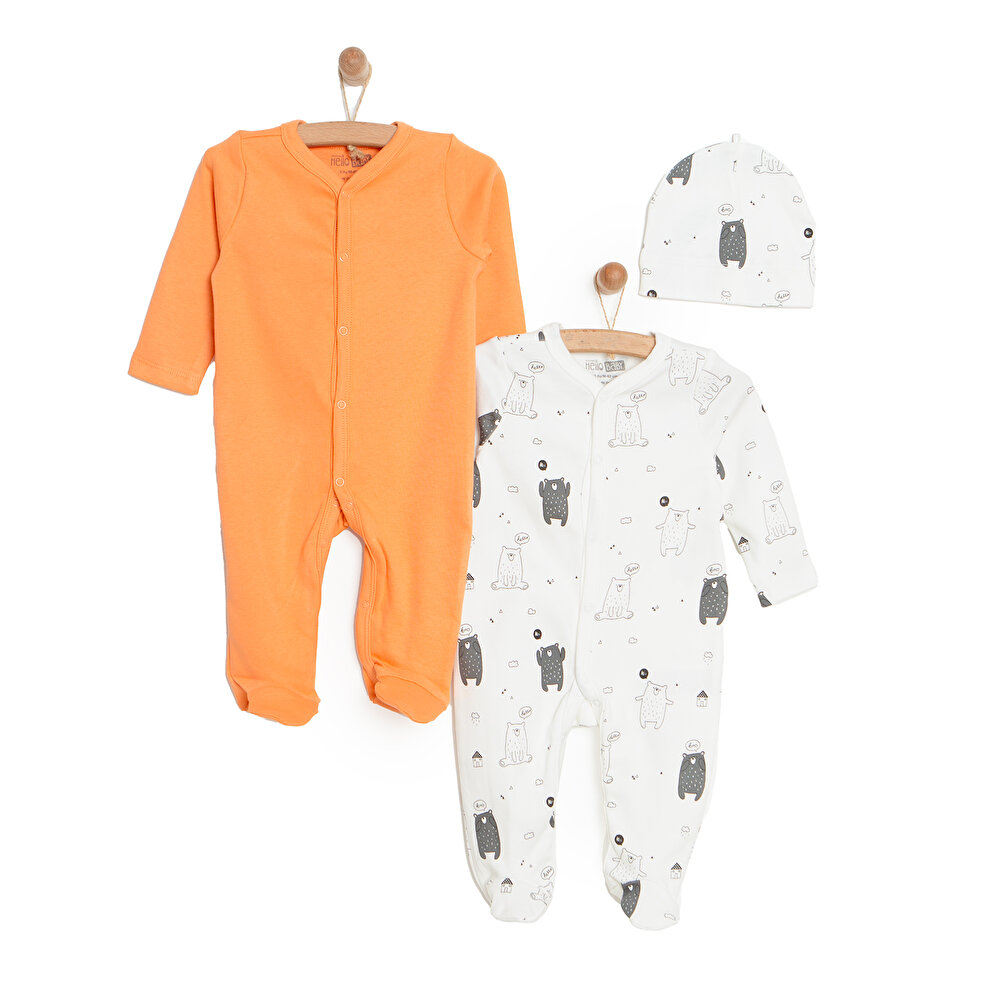 Unisex Yenidoğan 2'li Tulum - Şapka Set Çıtçıtlı Bisiklet Yaka Uzun Kol Patikli Turuncu