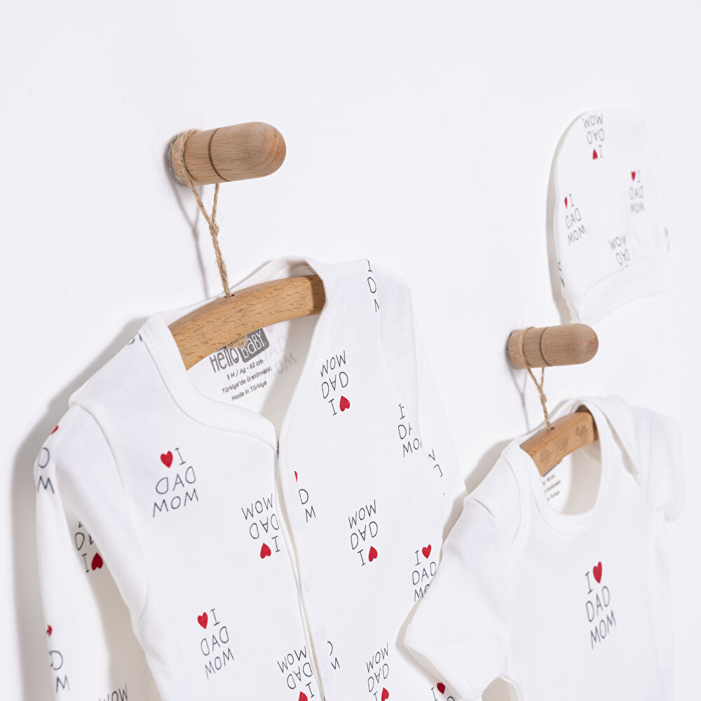 Unisex Yenidoğan Tulum Body Şapka 3'lü Set %100 Pamuk Çıtçıtlı Yaka Uzun Kol Ekru