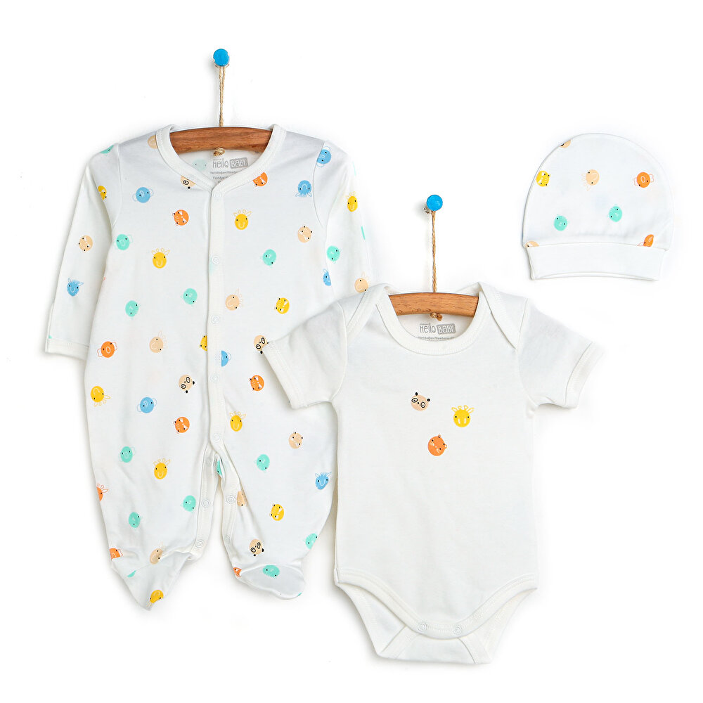 Unisex Yenidoğan Tulum - Body - Şapka 3'lü Set Hayvan Desenli Çıtçıtlı Yaka Uzun Kol Ekru