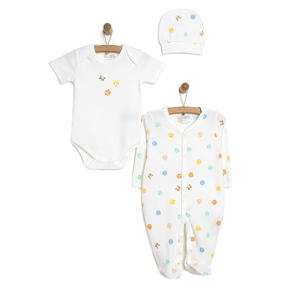 Yenidoğan Bebek Jungle Kendinden Eldivenli Tulum-Body-Şapka 3lü Set Unisex