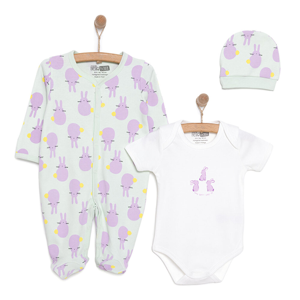 Yenidoğan Bebek Mor TavşanTulum-Body-Şapka 3lü Set Unisex