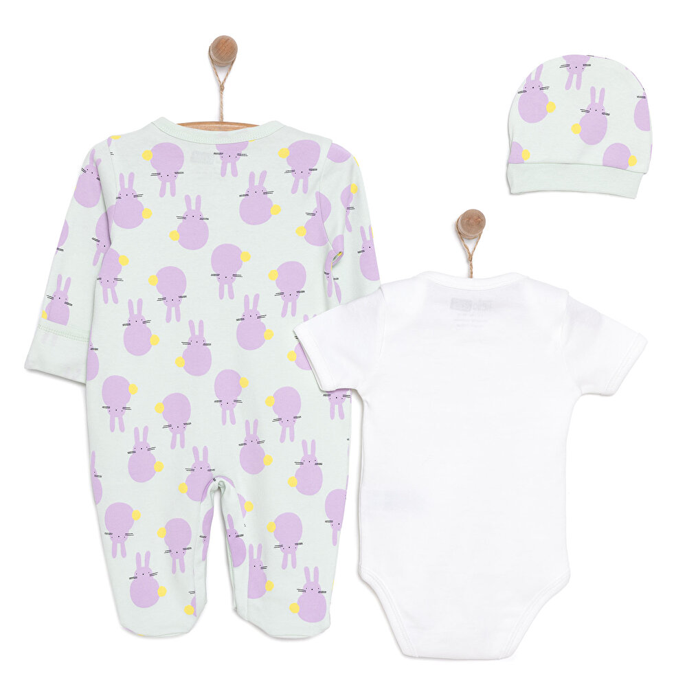 Yenidoğan Bebek Mor TavşanTulum-Body-Şapka 3lü Set Unisex