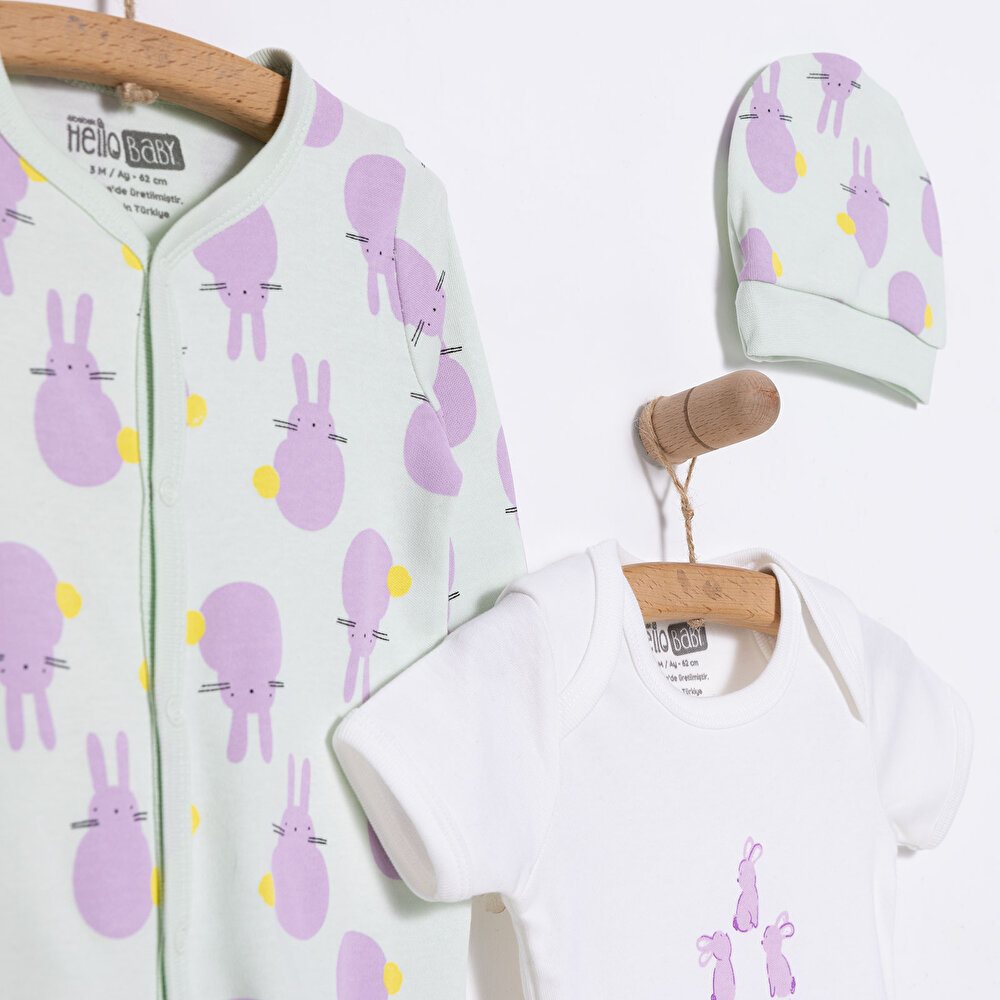 Yenidoğan Bebek Mor TavşanTulum-Body-Şapka 3lü Set Unisex