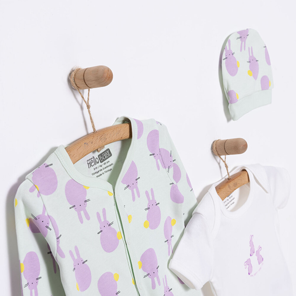 Yenidoğan Bebek Mor TavşanTulum-Body-Şapka 3lü Set Unisex