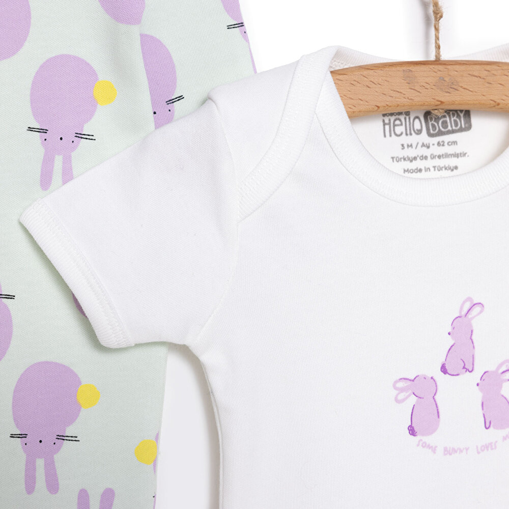 Yenidoğan Bebek Mor TavşanTulum-Body-Şapka 3lü Set Unisex