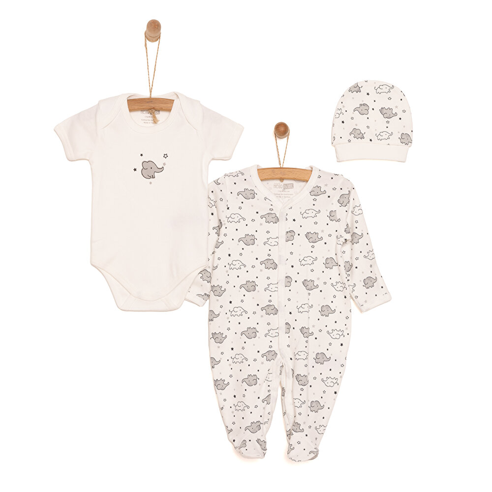 Yenidoğan Bebek Sevimli Fil Kendinden Eldivenli Tulum-Body- Şapka 3lü Set Unisex