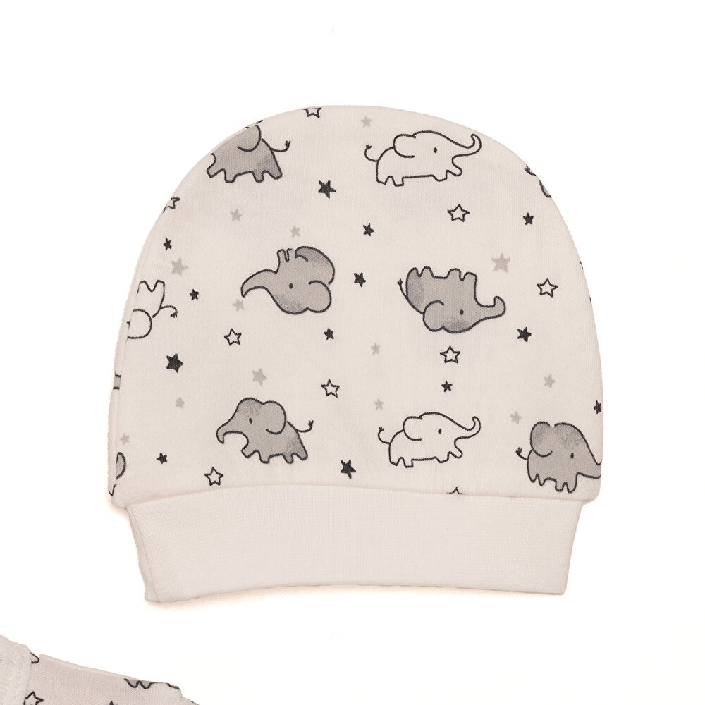 Yenidoğan Bebek Sevimli Fil Kendinden Eldivenli Tulum-Body- Şapka 3lü Set Unisex