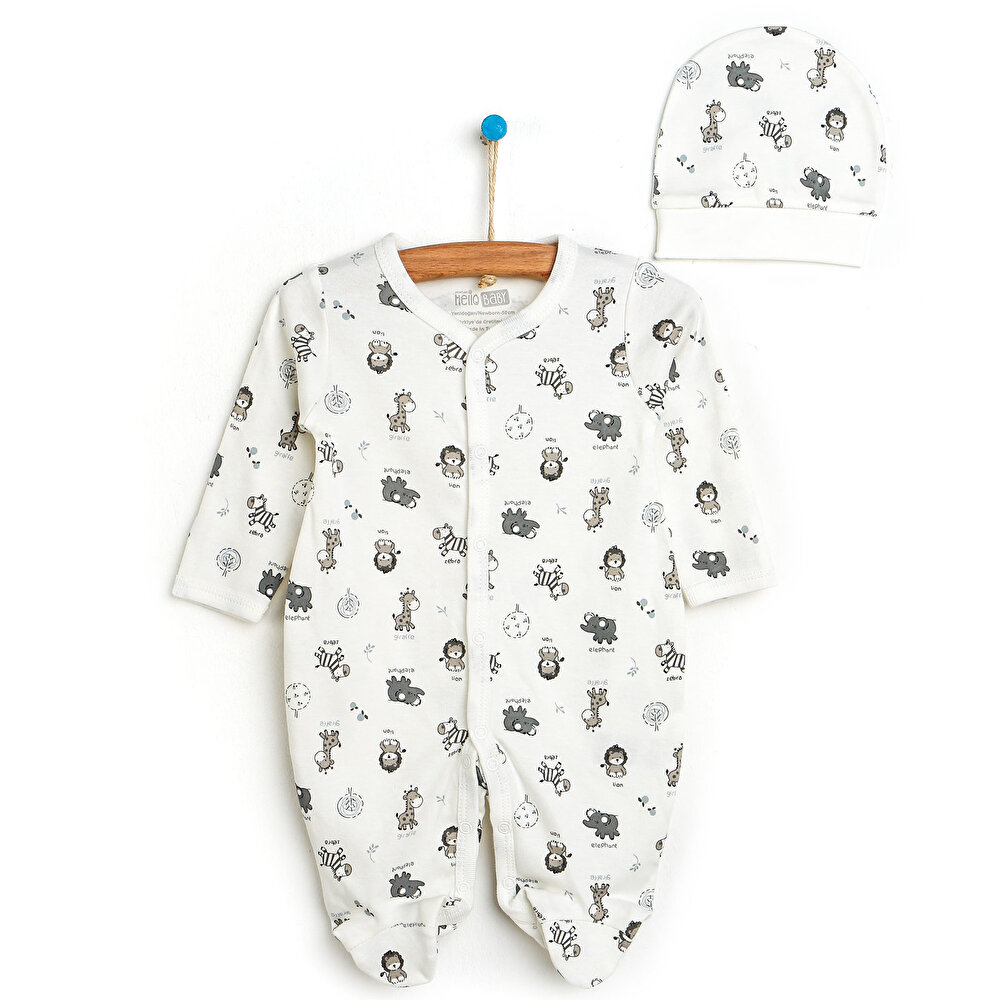 Yenidoğan Bebek Sevimli Hayvanlar Kendinden Eldivenli Çıtçıtlı Tulum-Şapka 2li Set Unisex