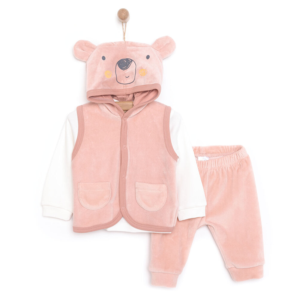Yenidoğan -Body-Kadife Yelek Patiksiz Alt 3lü Takım Unisex