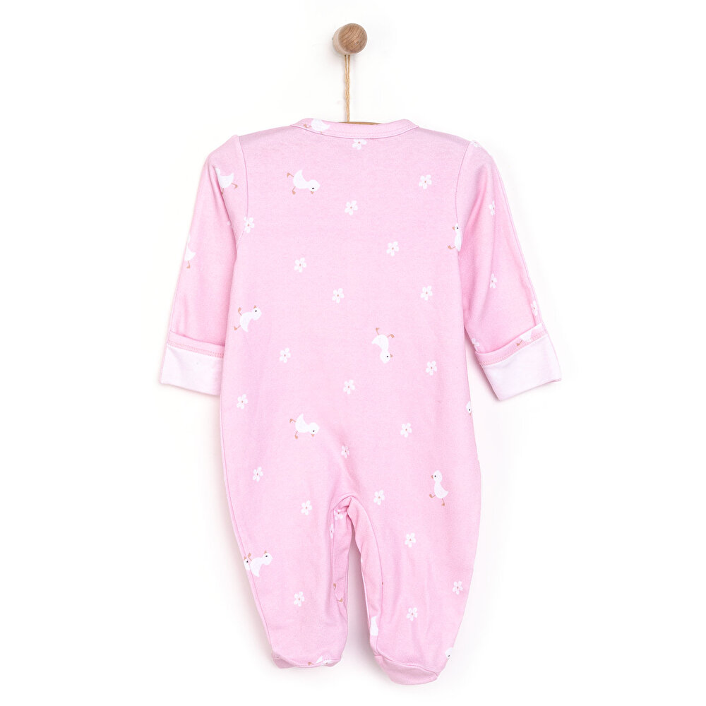 Kız Bebek Yenidoğan Tulum Şapka %100 Pamuk Çiçek Baskılı Çıtçıtlı Uzun Kol Patikli Pembe