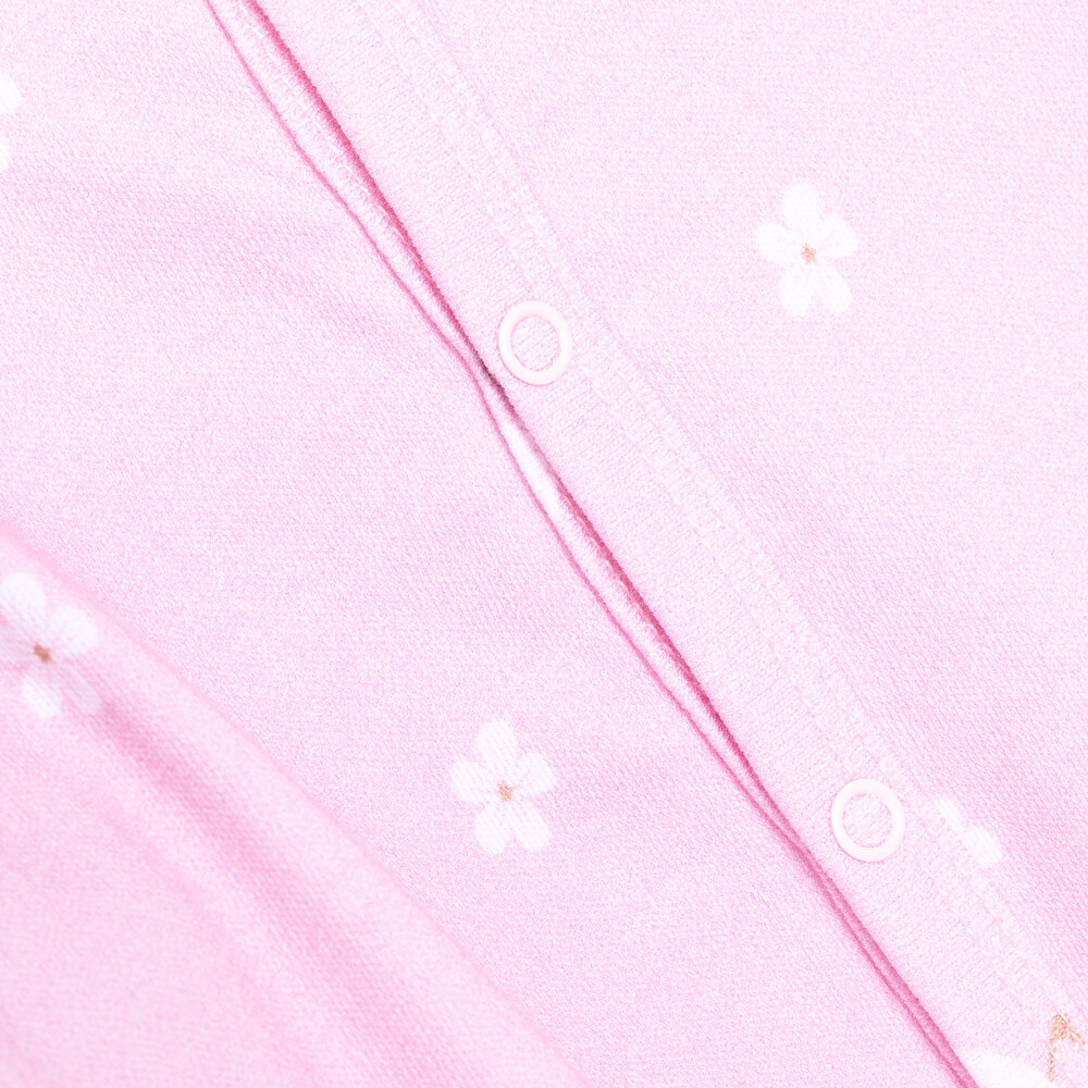 Kız Bebek Yenidoğan Tulum Şapka %100 Pamuk Çiçek Baskılı Çıtçıtlı Uzun Kol Patikli Pembe