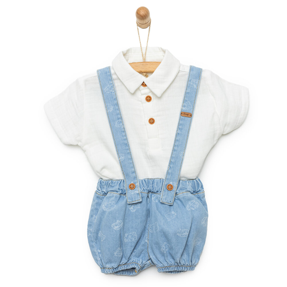 Yenidoğan Denim Şort Salopet-Gömlek 2li Takım Erkek Bebek