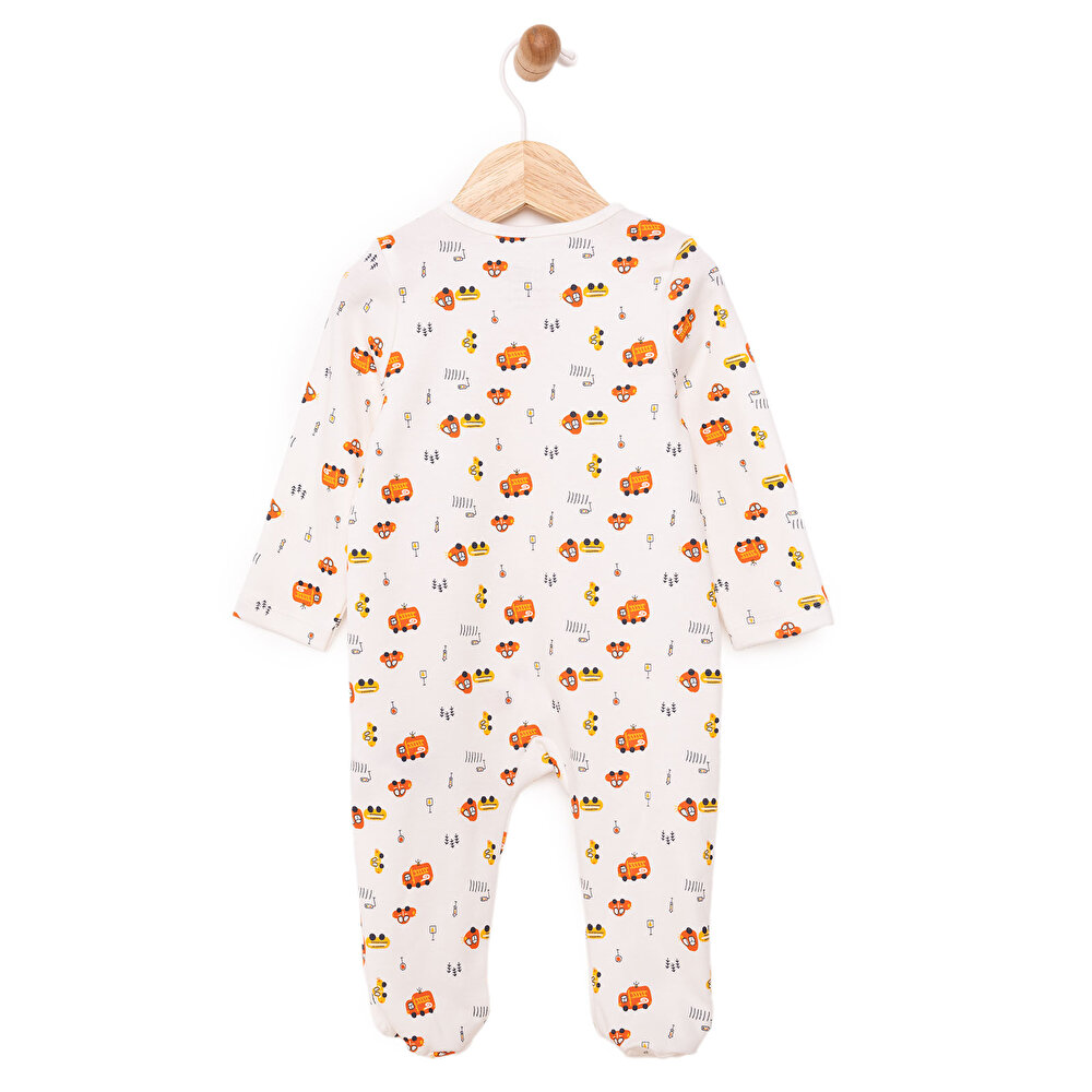 Erkek Bebek Yenidoğan Patikli Tulum %100 Pamuk Fermuarlı Bisiklet Yaka Uzun Kol Ekru