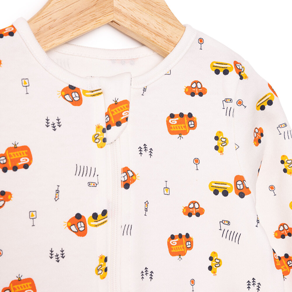 Erkek Bebek Yenidoğan Patikli Tulum %100 Pamuk Fermuarlı Bisiklet Yaka Uzun Kol Ekru