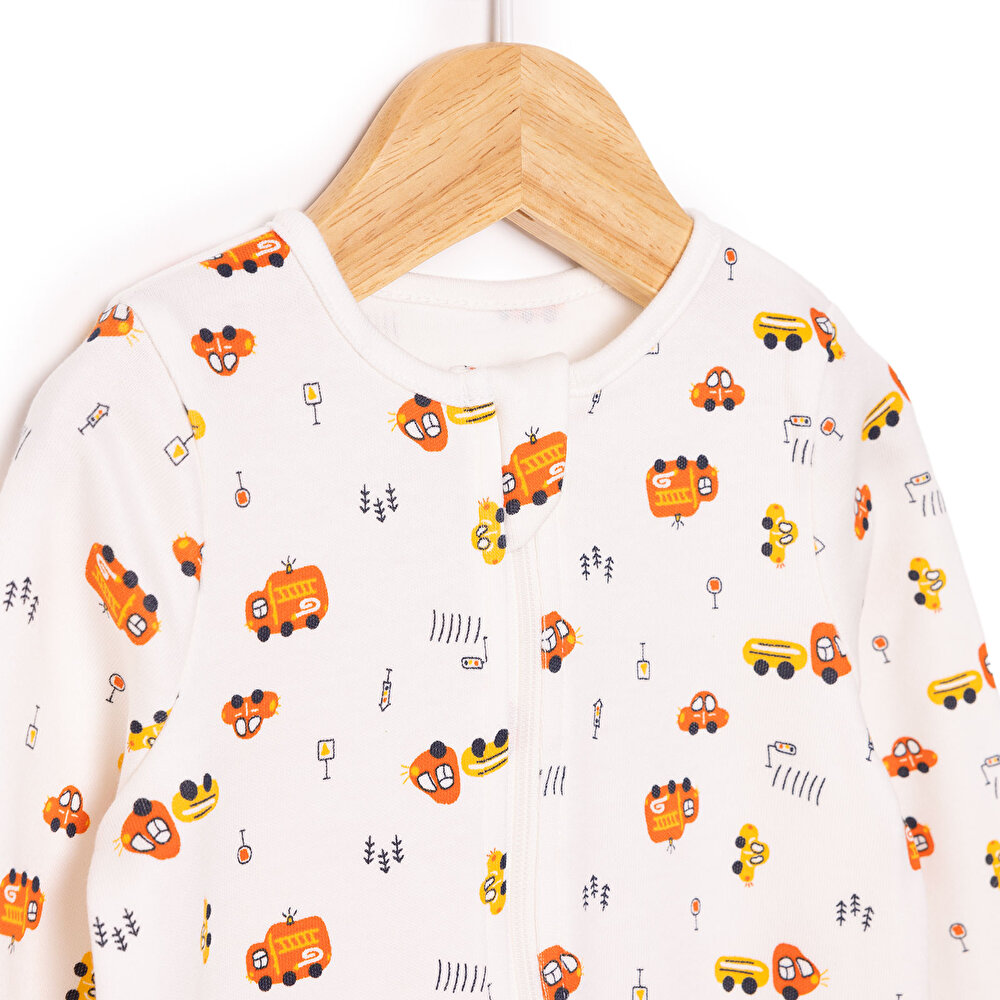 Erkek Bebek Yenidoğan Patikli Tulum %100 Pamuk Fermuarlı Bisiklet Yaka Uzun Kol Ekru