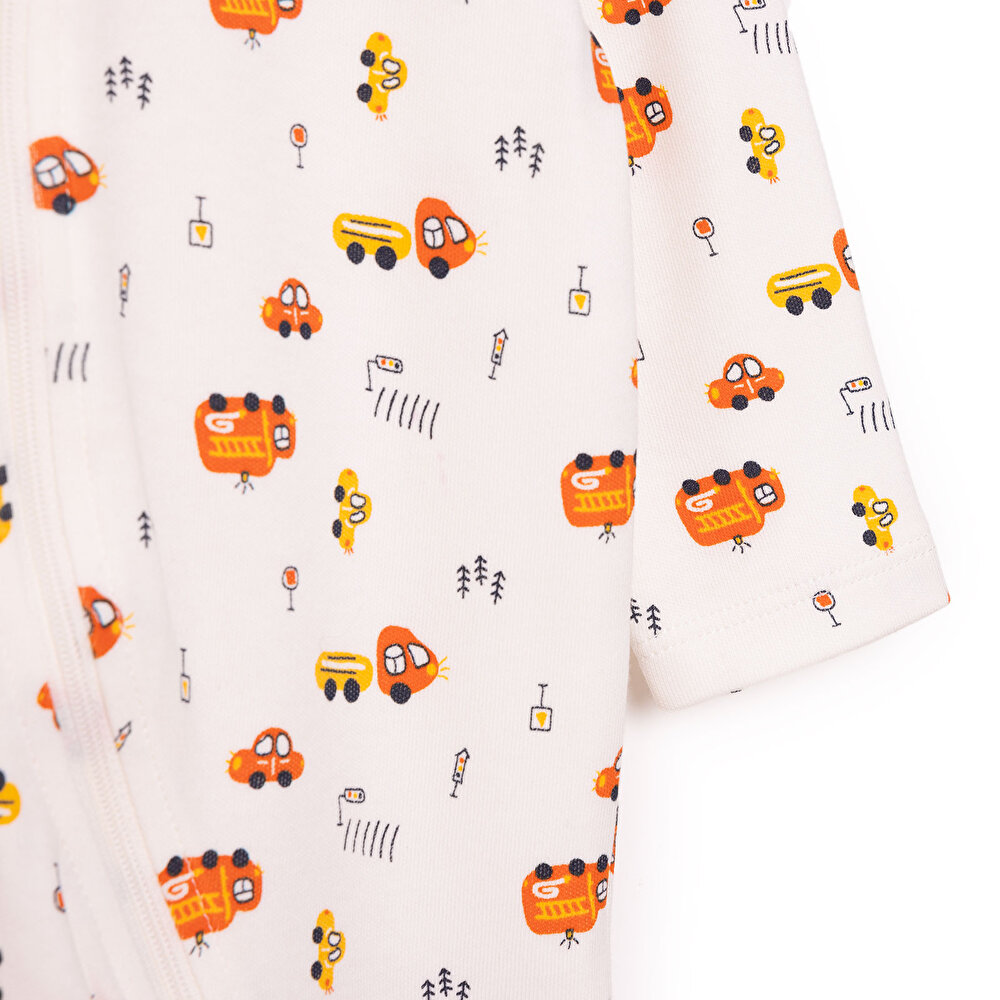 Erkek Bebek Yenidoğan Patikli Tulum %100 Pamuk Fermuarlı Bisiklet Yaka Uzun Kol Ekru