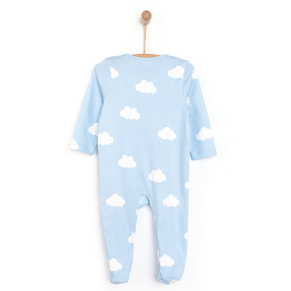 Erkek Bebek Yenidoğan Patikli Tulum %100 Pamuk Fermuarlı Bulut Desenli Bisiklet Yaka Uzun Kol Açık