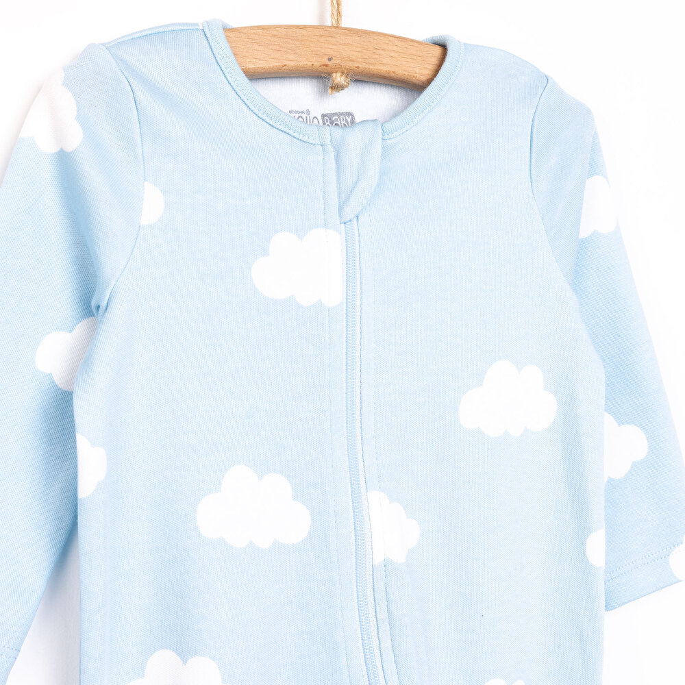 Erkek Bebek Yenidoğan Patikli Tulum %100 Pamuk Fermuarlı Bulut Desenli Bisiklet Yaka Uzun Kol Açık