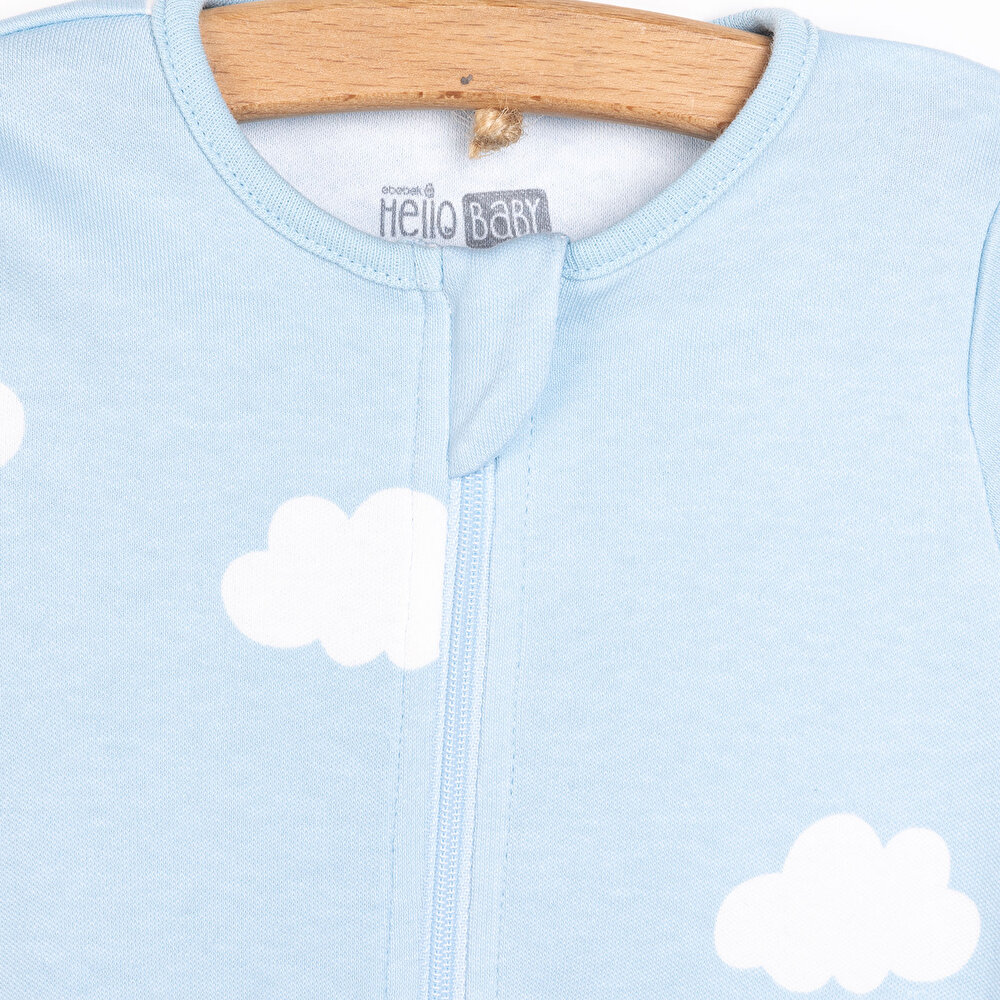 Erkek Bebek Yenidoğan Patikli Tulum %100 Pamuk Fermuarlı Bulut Desenli Bisiklet Yaka Uzun Kol Açık