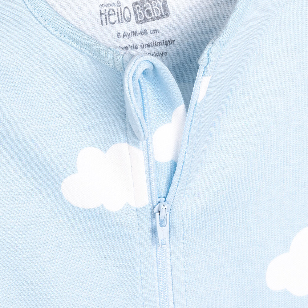 Erkek Bebek Yenidoğan Patikli Tulum %100 Pamuk Fermuarlı Bulut Desenli Bisiklet Yaka Uzun Kol Açık