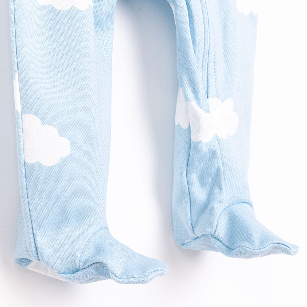 Erkek Bebek Yenidoğan Patikli Tulum %100 Pamuk Fermuarlı Bulut Desenli Bisiklet Yaka Uzun Kol Açık