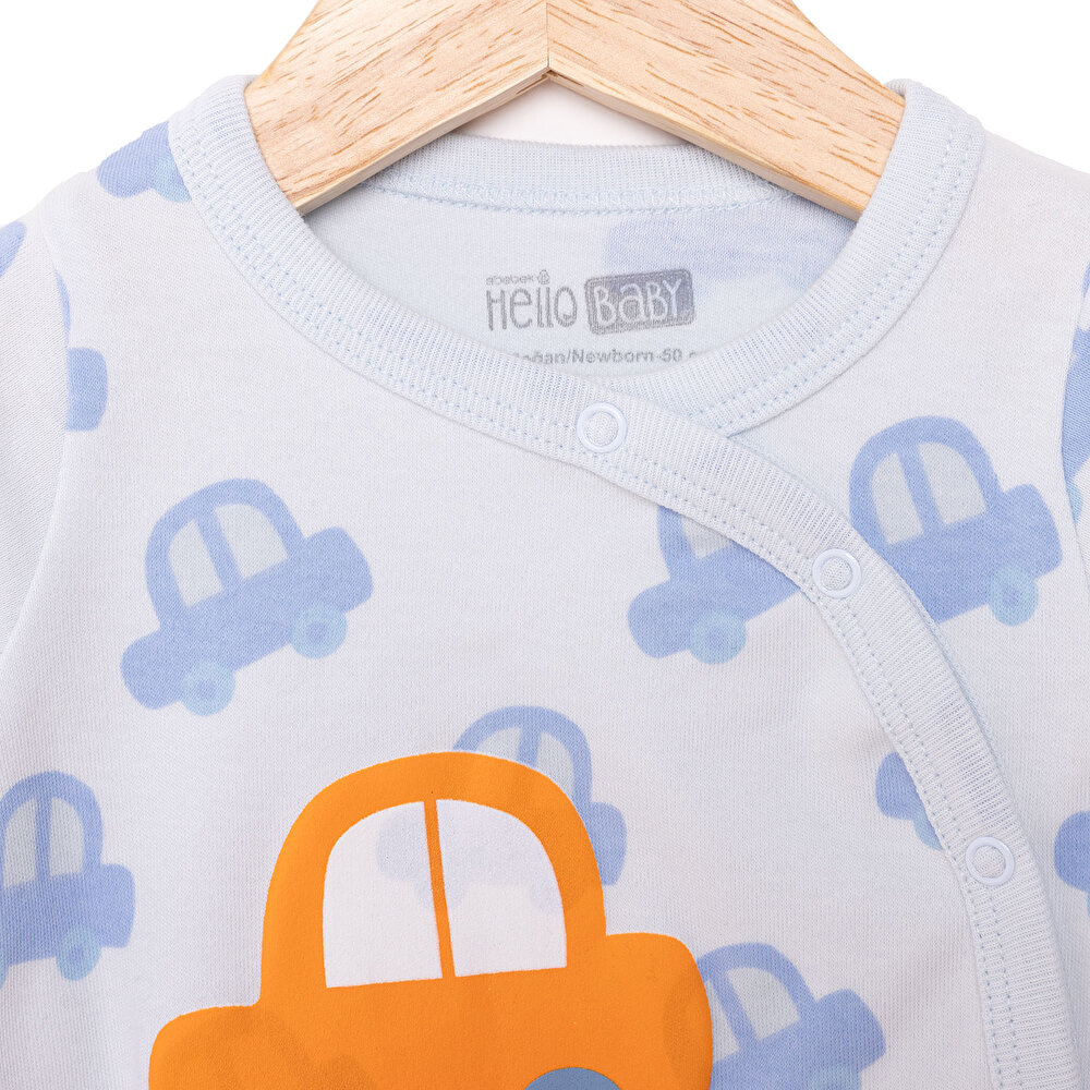 Erkek Bebek Yenidoğan Patikli Tulum Araba Desen İnterlok Çıtçıtlı Uzun Kol Mavi