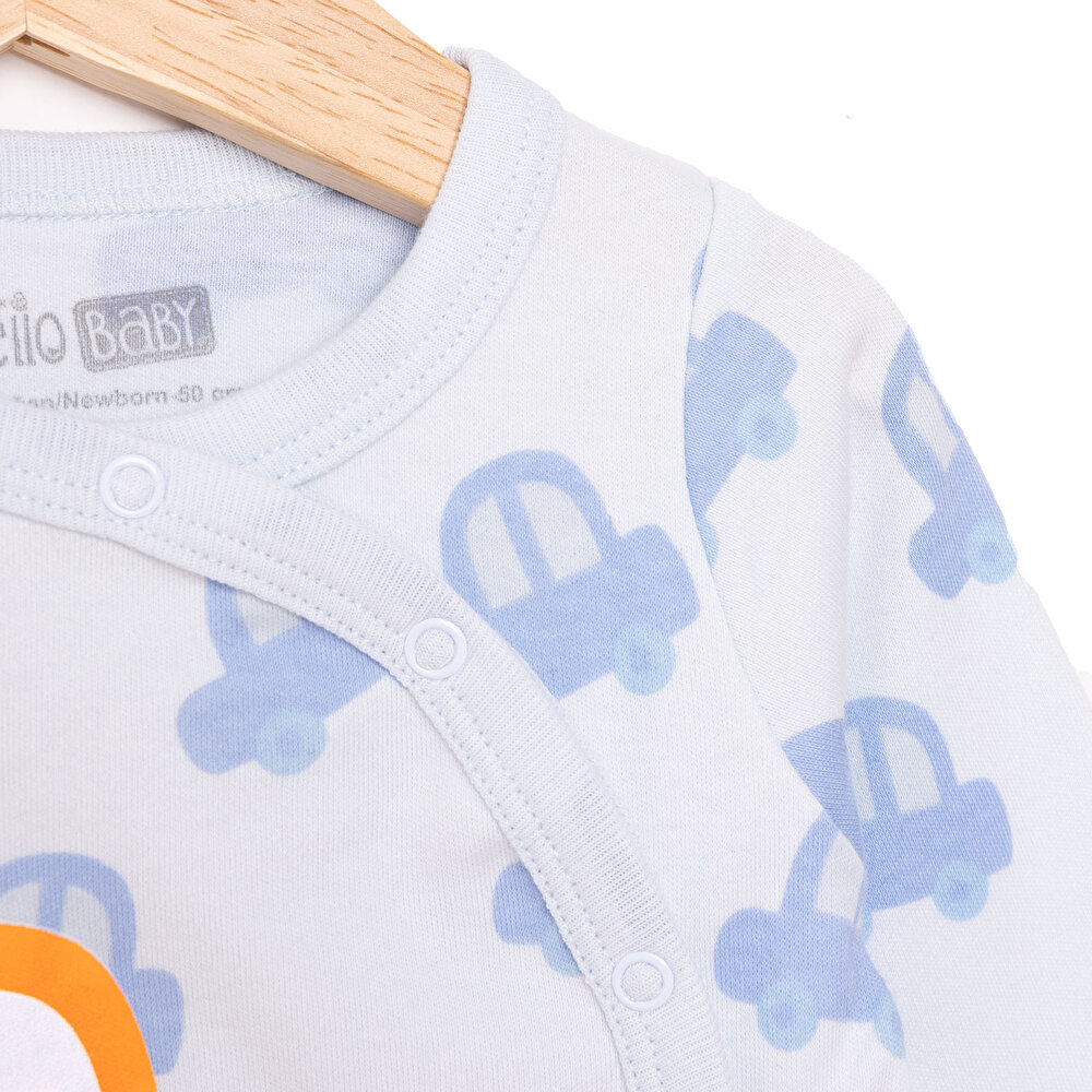 Erkek Bebek Yenidoğan Patikli Tulum Araba Desen İnterlok Çıtçıtlı Uzun Kol Mavi