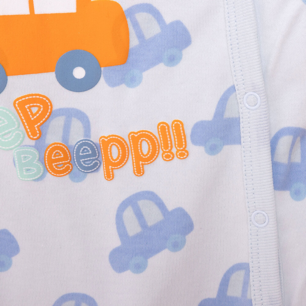 Erkek Bebek Yenidoğan Patikli Tulum Araba Desen İnterlok Çıtçıtlı Uzun Kol Mavi