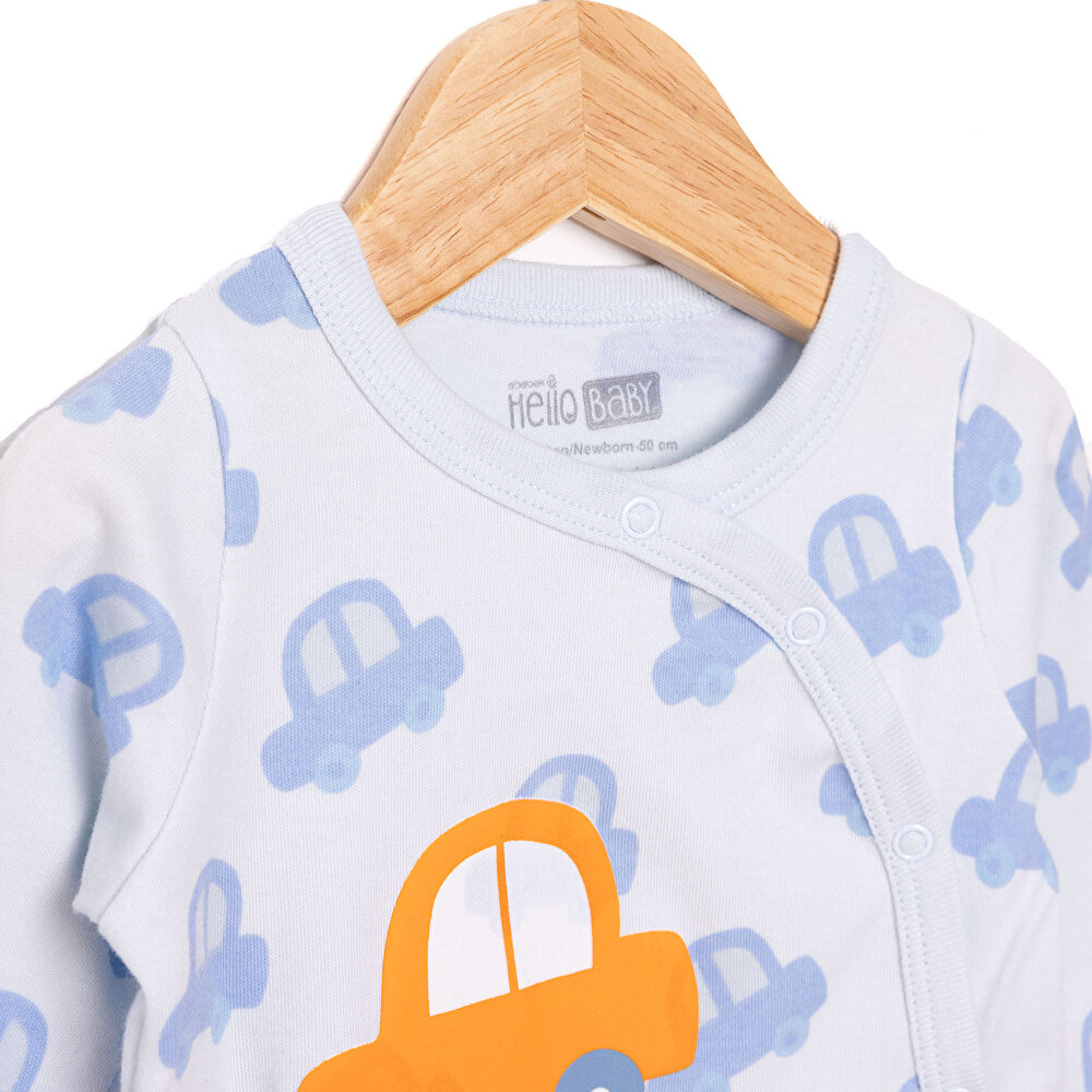 Erkek Bebek Yenidoğan Patikli Tulum Araba Desen İnterlok Çıtçıtlı Uzun Kol Mavi