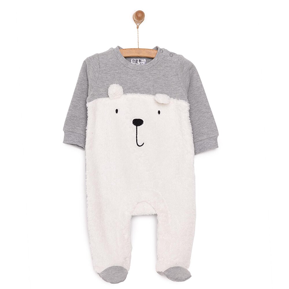 Unisex Yenidoğan Patikli Tulum İki İplik Ayı Fügürlü Peluş Çıtçıtlı Bisiklet Yaka Uzun Kol