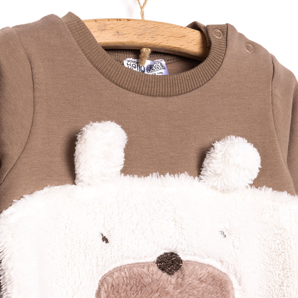 Unisex Yenidoğan Patikli Tulum İki İplik Ayı Fügürlü Peluş Çıtçıtlı Bisiklet Yaka Uzun Kol