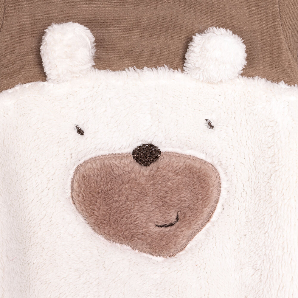 Unisex Yenidoğan Patikli Tulum İki İplik Ayı Fügürlü Peluş Çıtçıtlı Bisiklet Yaka Uzun Kol