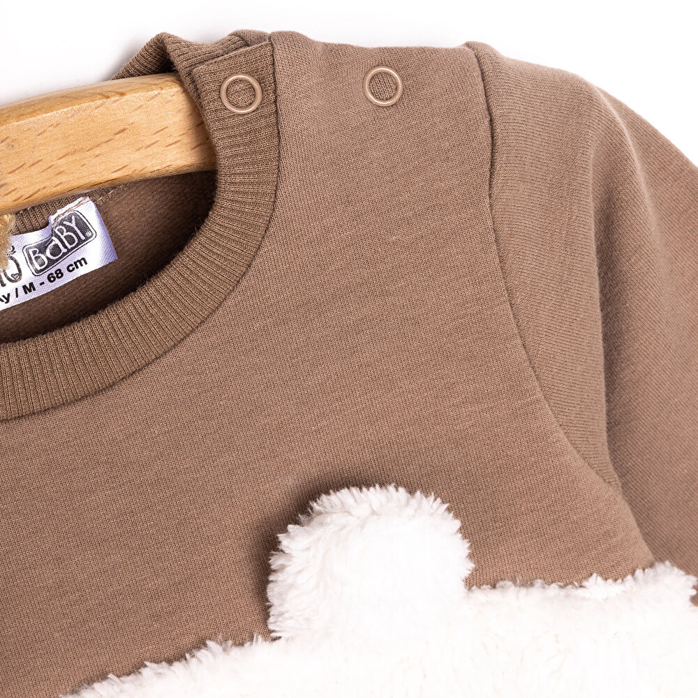 Unisex Yenidoğan Patikli Tulum İki İplik Ayı Fügürlü Peluş Çıtçıtlı Bisiklet Yaka Uzun Kol