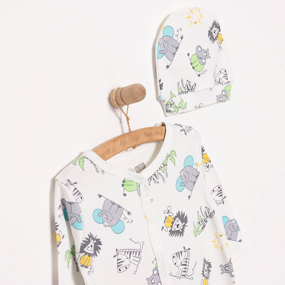 Yenidoğan Hayvanlar Baskılı Erkek Tulum-Şapka Erkek Bebek