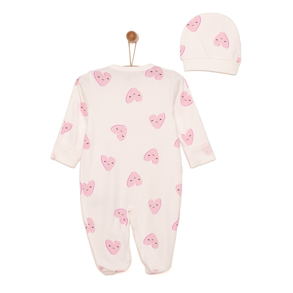 Yenidoğan Kalp Baskılı Kız Tulum-Şapka Kız Bebek