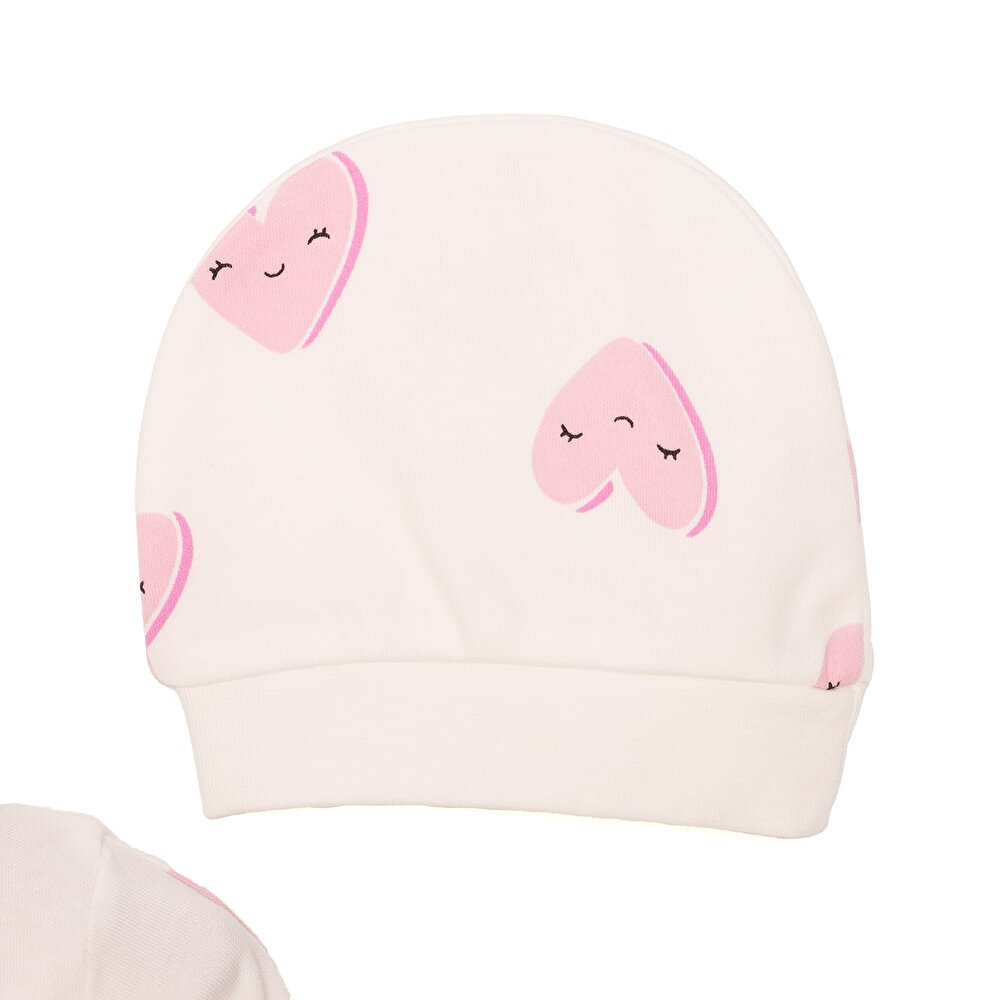 Yenidoğan Kalp Baskılı Kız Tulum-Şapka Kız Bebek