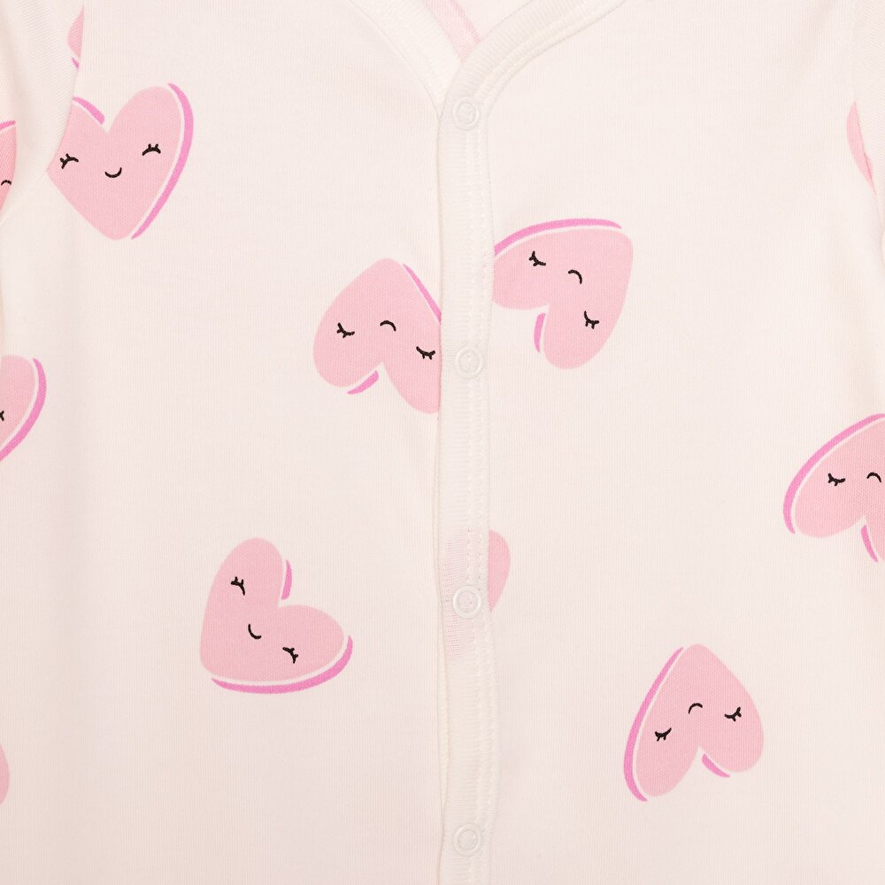 Yenidoğan Kalp Baskılı Kız Tulum-Şapka Kız Bebek