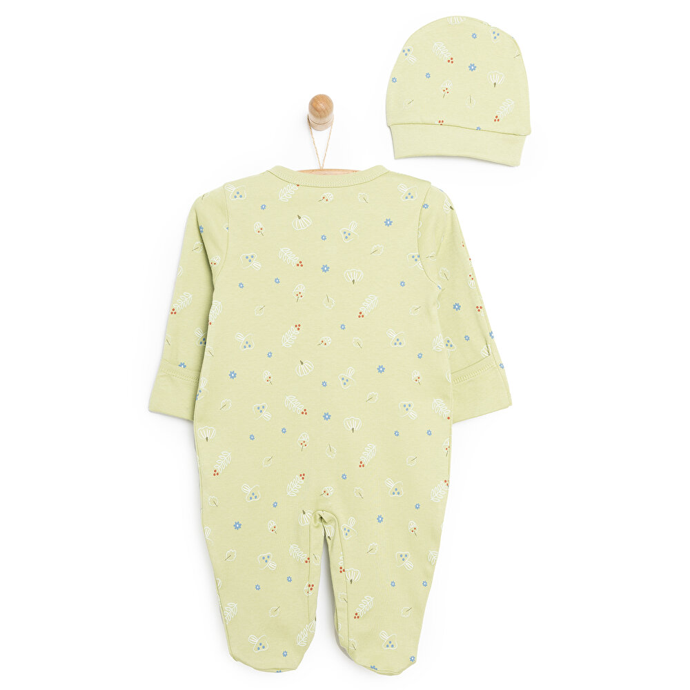 Kız Bebek Yenidoğan 2'li Tulum Şapka %100 Pamuk Çıtçıtlı Yaka Uzun Kol Yeşil