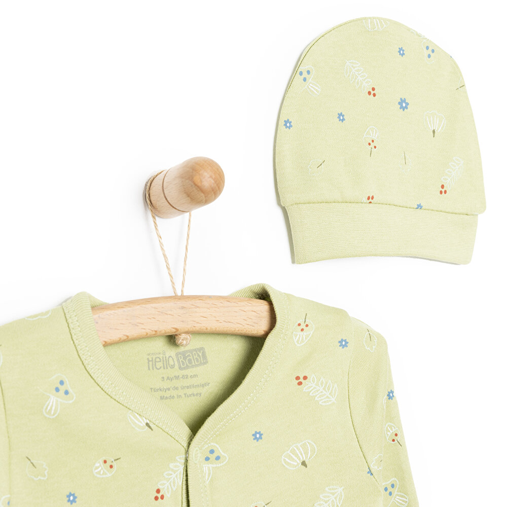 Kız Bebek Yenidoğan 2'li Tulum Şapka %100 Pamuk Çıtçıtlı Yaka Uzun Kol Yeşil