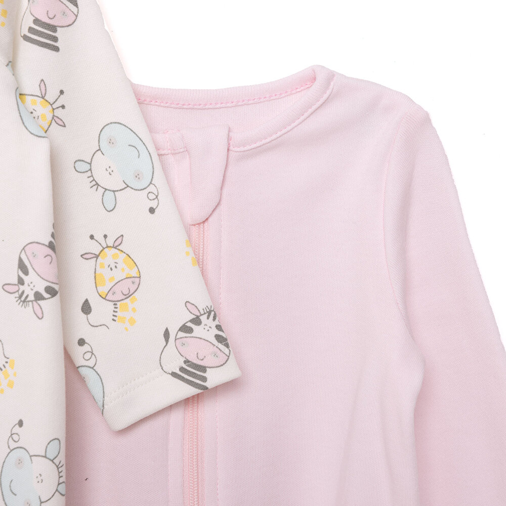 Kız Bebek Yenidoğan 2'li Patikli Tulum %100 Pamuk Fermuarlı Bisiklet Yaka Uzun Kol Ekru