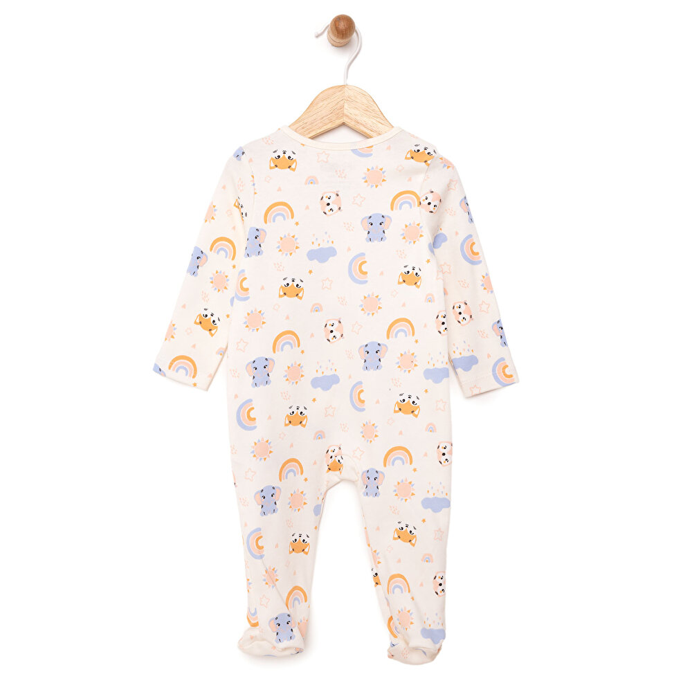 Kız Bebek Yenidoğan Patikli Tulum %100 Pamuk Fermuarlı Hayvan Desenli Bisiklet Yaka Uzun Kol Bej