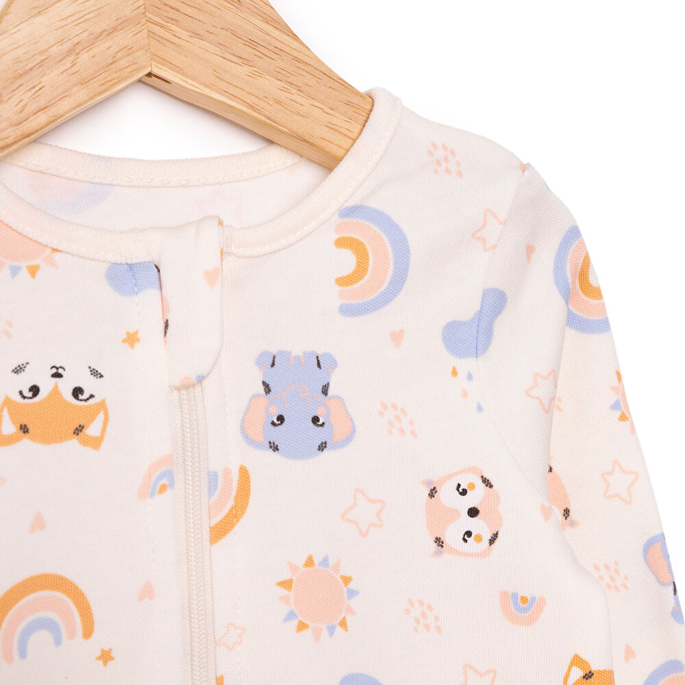 Kız Bebek Yenidoğan Patikli Tulum %100 Pamuk Fermuarlı Hayvan Desenli Bisiklet Yaka Uzun Kol Bej