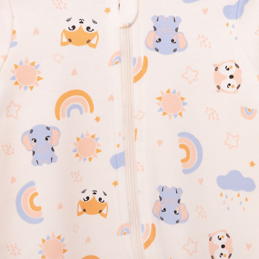 Kız Bebek Yenidoğan Patikli Tulum %100 Pamuk Fermuarlı Hayvan Desenli Bisiklet Yaka Uzun Kol Bej