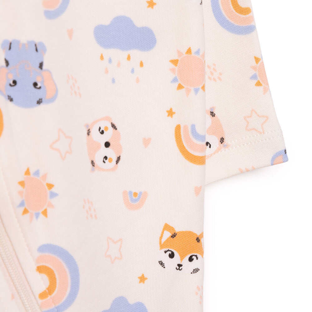 Kız Bebek Yenidoğan Patikli Tulum %100 Pamuk Fermuarlı Hayvan Desenli Bisiklet Yaka Uzun Kol Bej