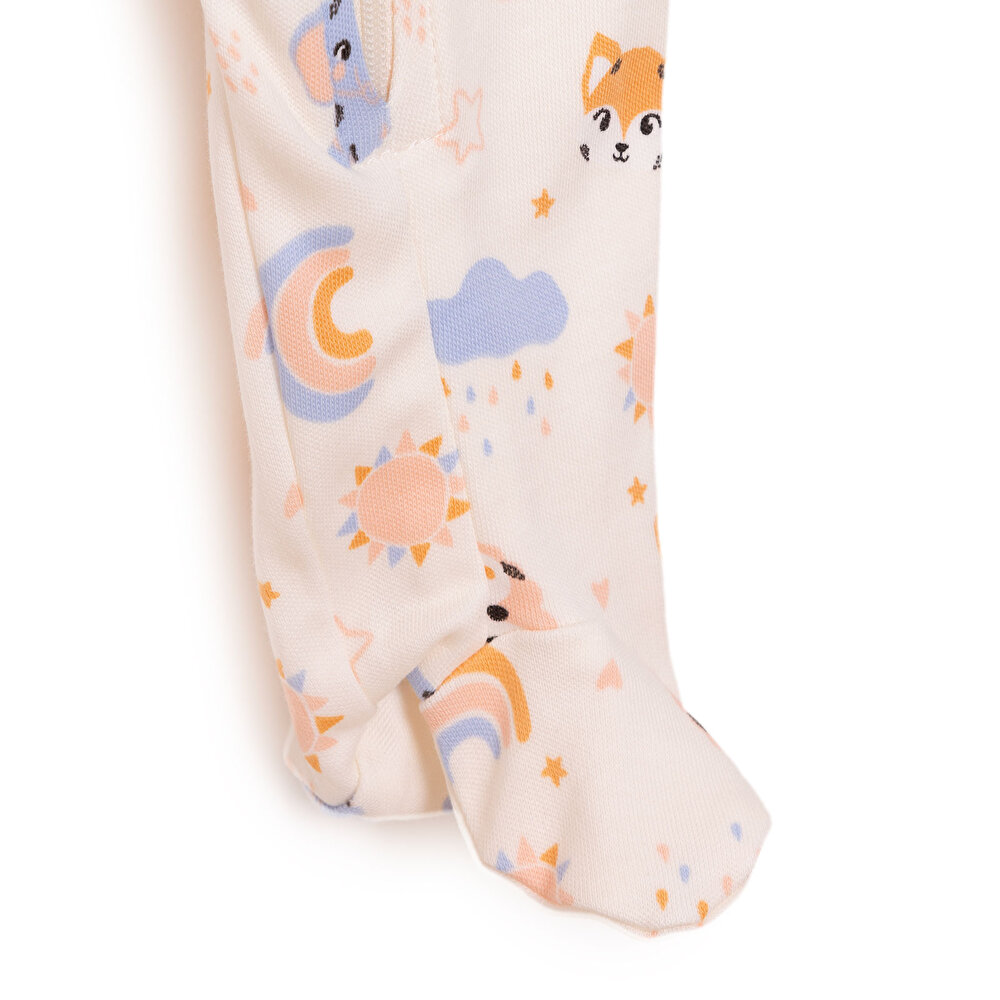 Kız Bebek Yenidoğan Patikli Tulum %100 Pamuk Fermuarlı Hayvan Desenli Bisiklet Yaka Uzun Kol Bej